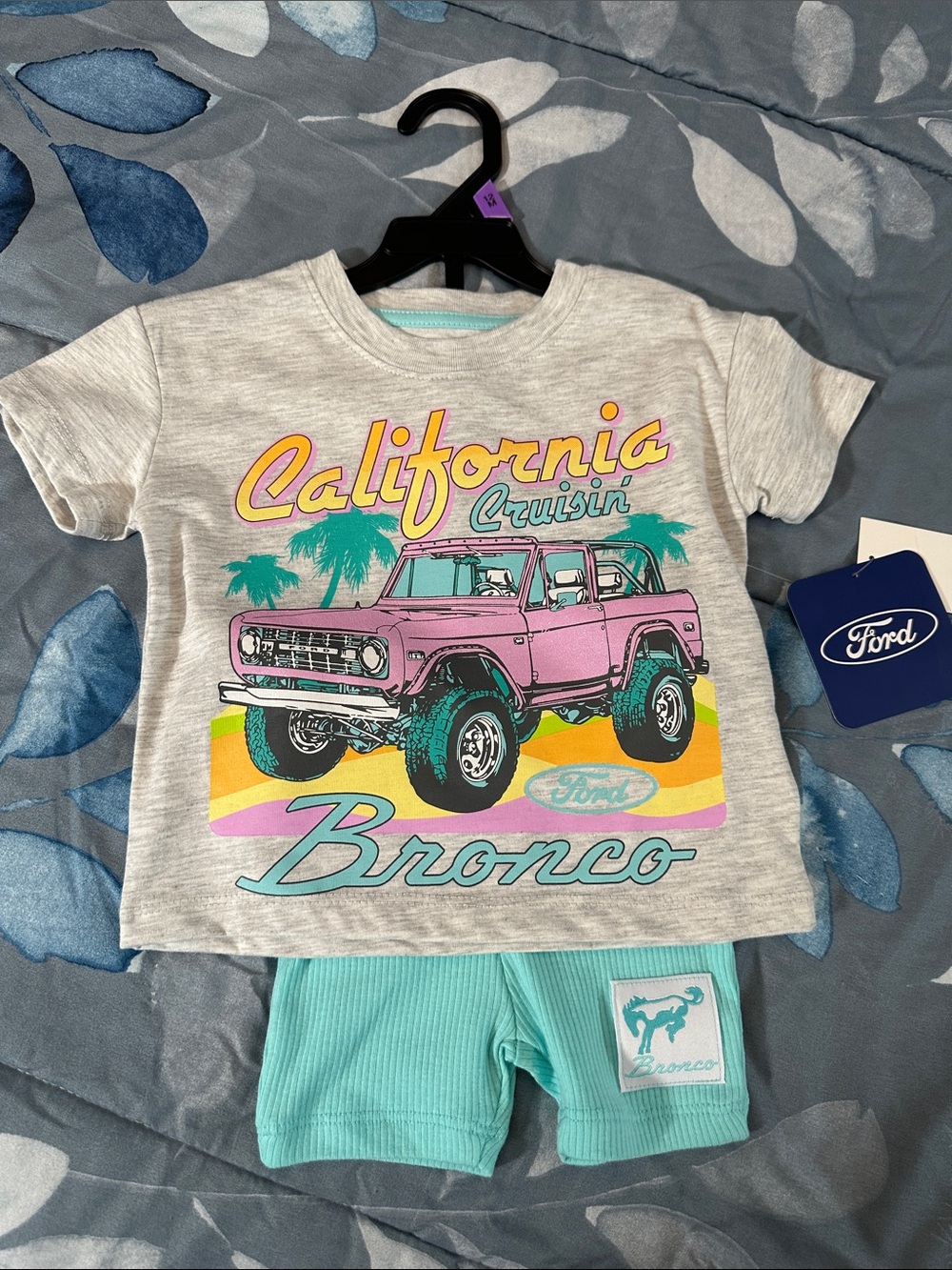NWTS Ford Kids California Cruisin Bronco Tee & shorts set Sz 12 mos. Pink & Teal